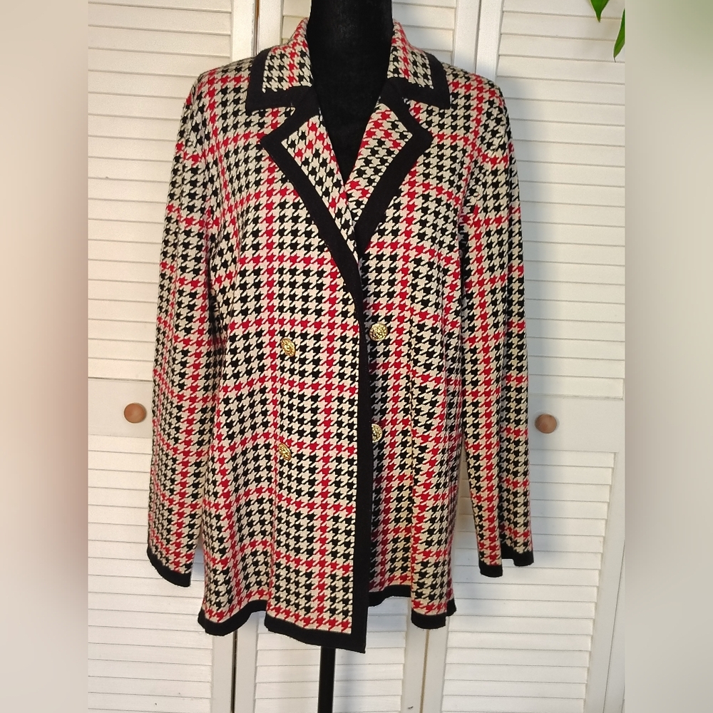 Anne Klein Houndstooth Blazer in Black, Red & White Size L – Like New